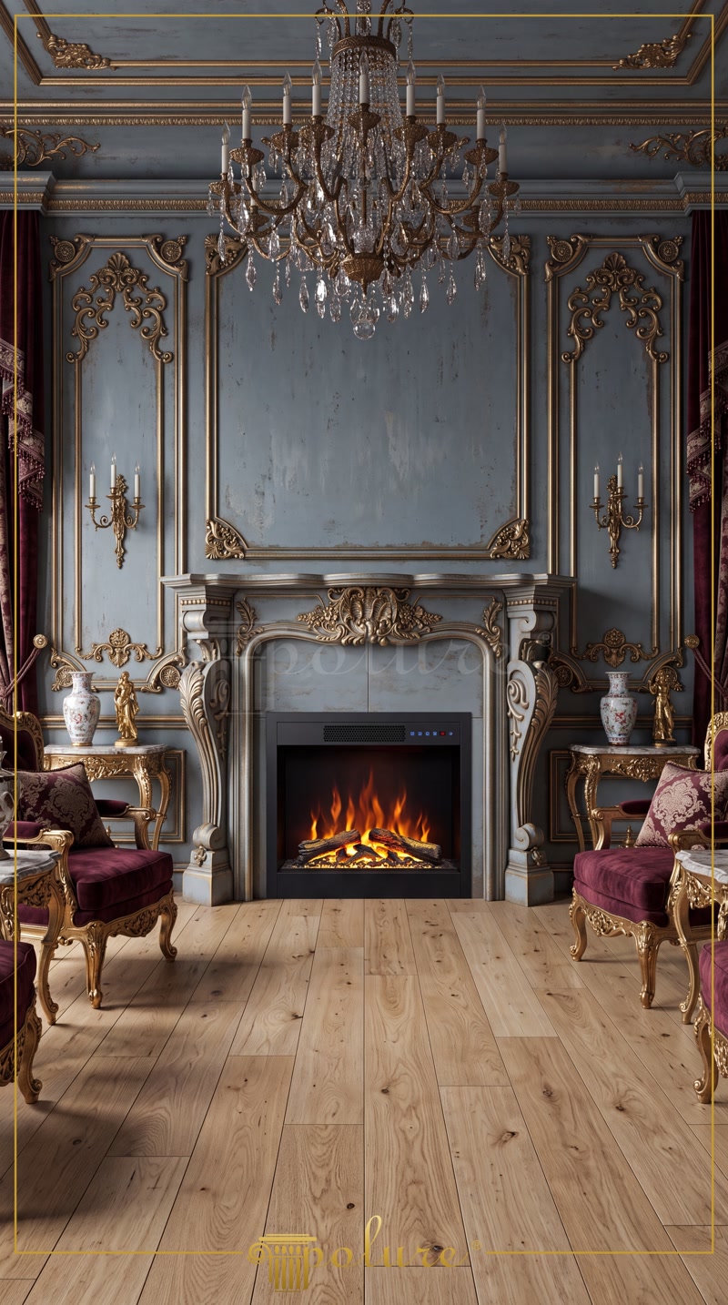 Front View Photo of Slate Blue Baroque Fireplace Salon