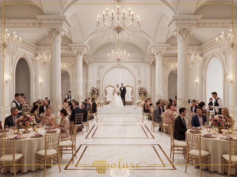 Front View Photo of White Neoclassic Wedding Hall with Guests