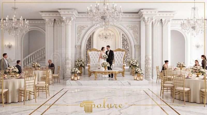 Front View Photo of White Neoclassic Wedding Stage with Couple