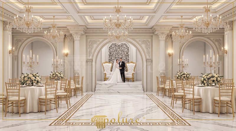 Front View Photo of Neoclassic Wedding Hall Aisle with Greek Key