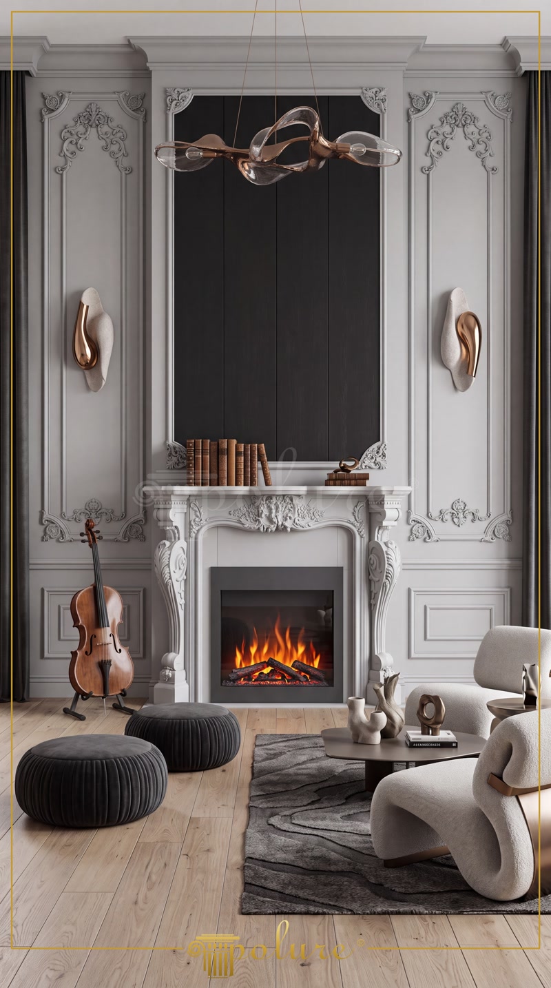 Front View Photo of Modern Grey Fireplace Lounge with Cello