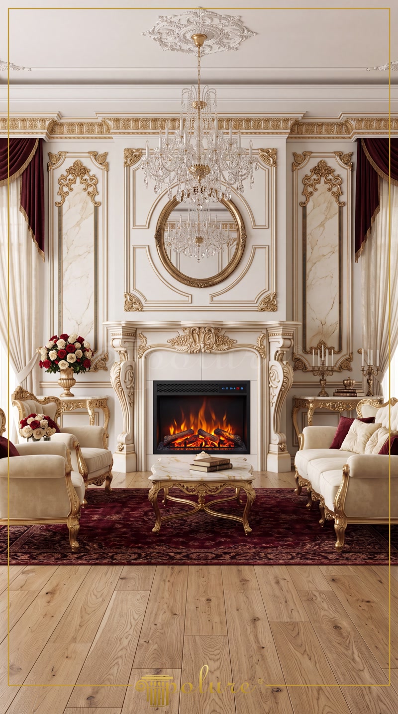 Front View Photo of White and Gold Fireplace with Round Mirror