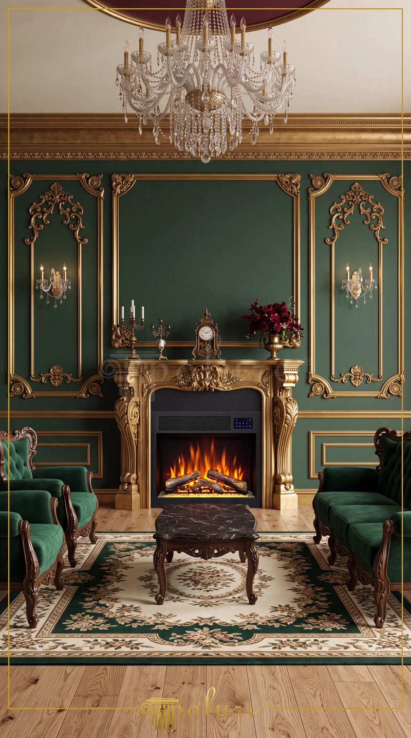 Front View Photo of Emerald Green and Gold Fireplace Salon