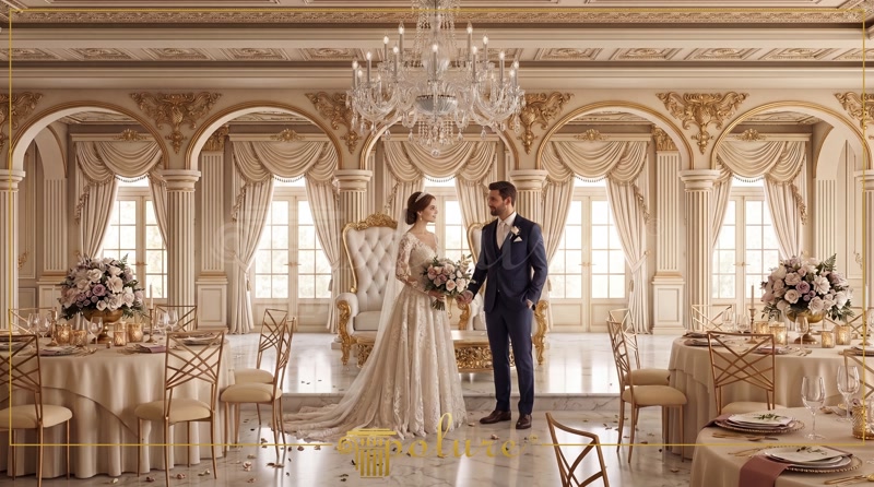 Front View Photo of White Wedding Hall Stage with Couple