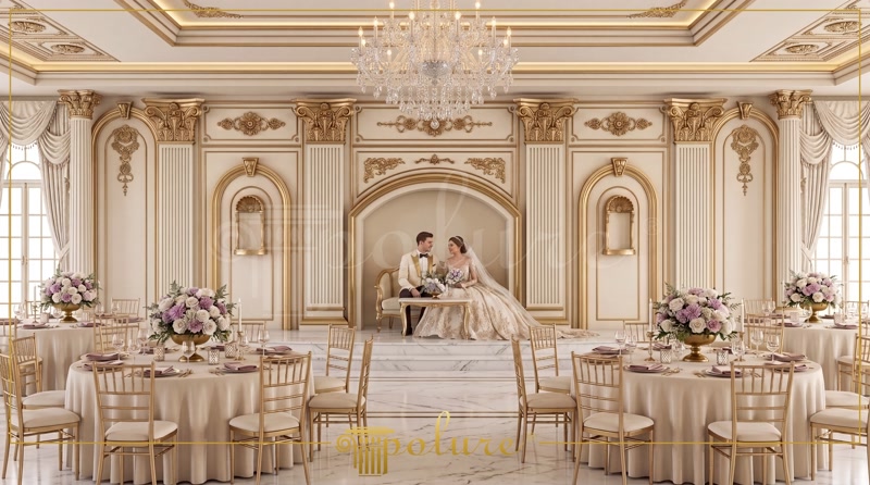 Front View Photo of White and Gold Wedding Venue Stage