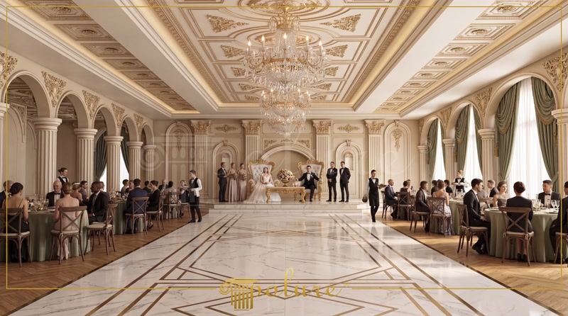 Perspective Aisle Photo of Cream and Sage Green Wedding Hall