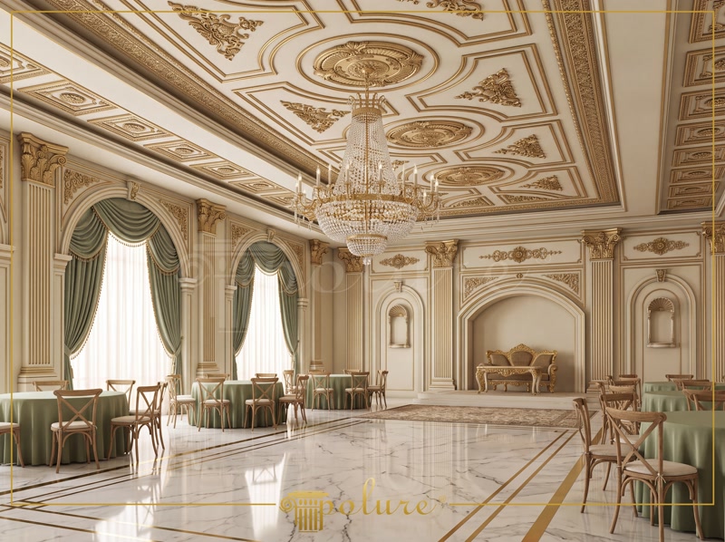 Oblique Photo of Empty Sage Green and Gold Wedding Hall