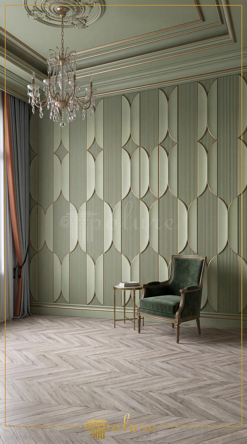 Oblique Photo of Sage Green Geometric 3D Wall Paneling