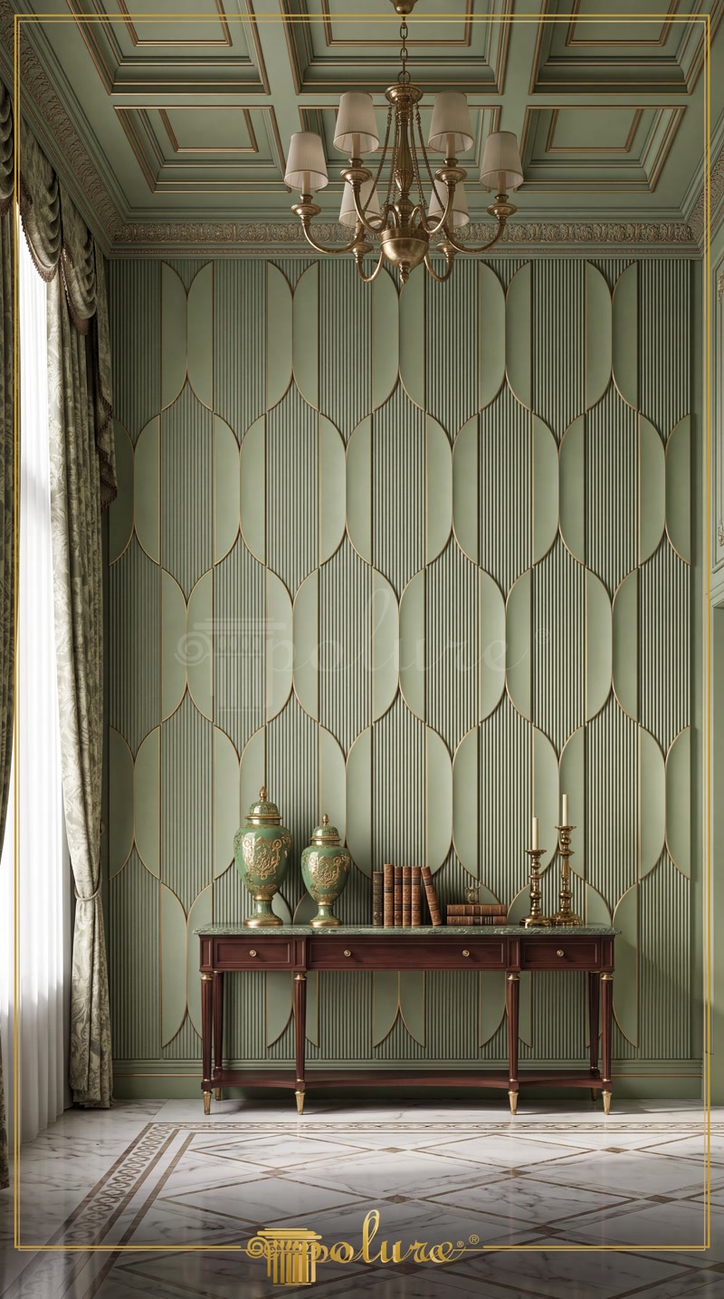 Front View Photo of Sage Green 3D Wall Paneling with Console