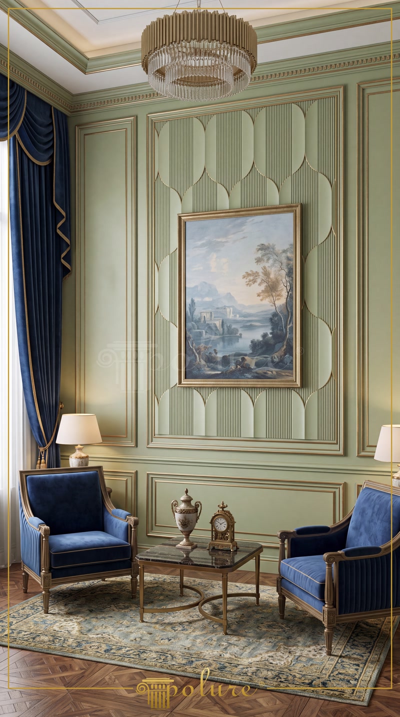 Front View Photo of Sage Green Lounge with Blue Velvet Armchairs