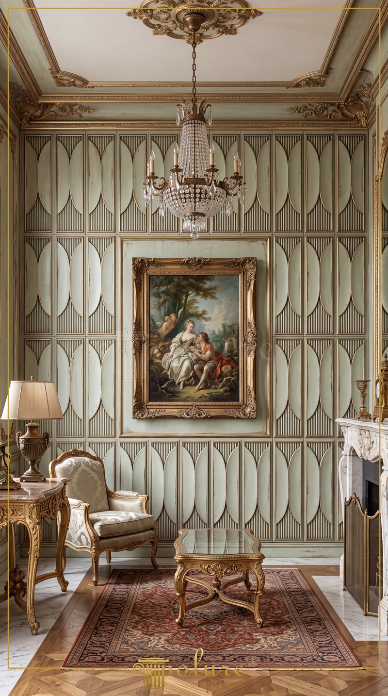 Front View Photo of Sage Green Wall Paneling with Oil Painting