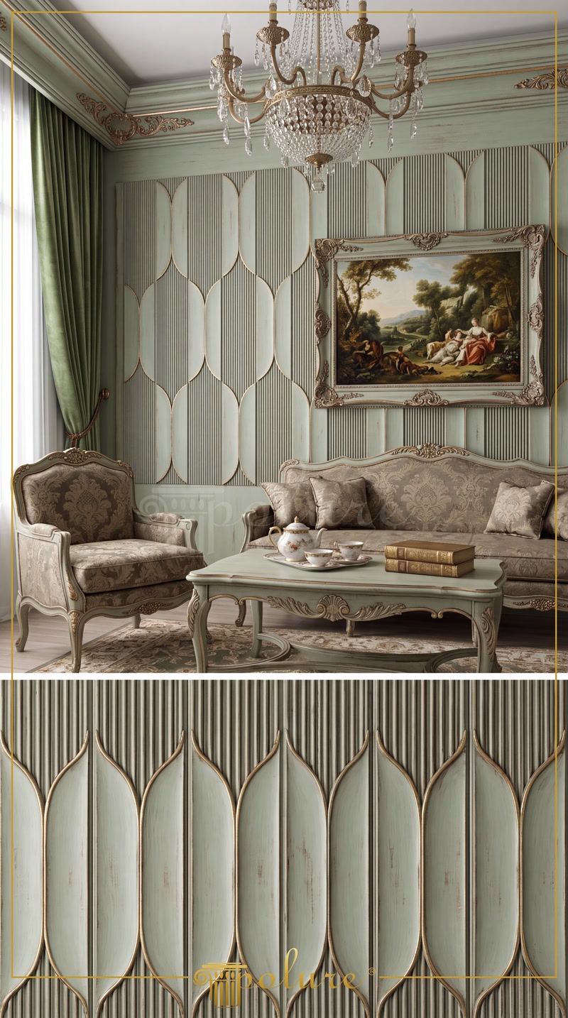Two Panel Collage Photo of Sage Green Salon and 3D Panel