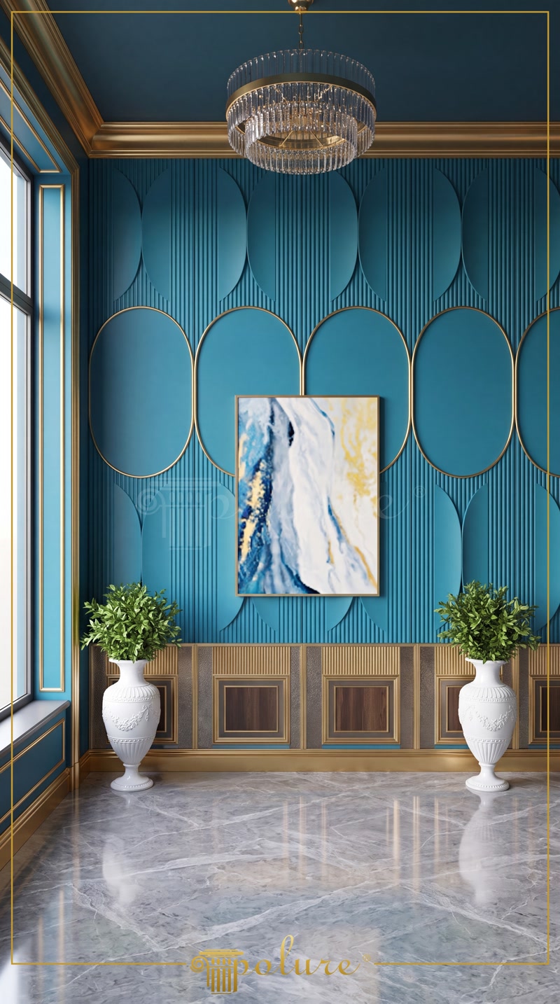 Front View Photo of Teal Blue 3D Wall Paneling with Painting