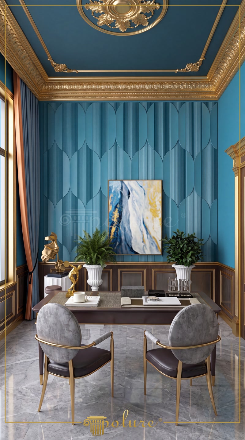 Front View Photo of Teal Blue Executive Office with 3D Wall