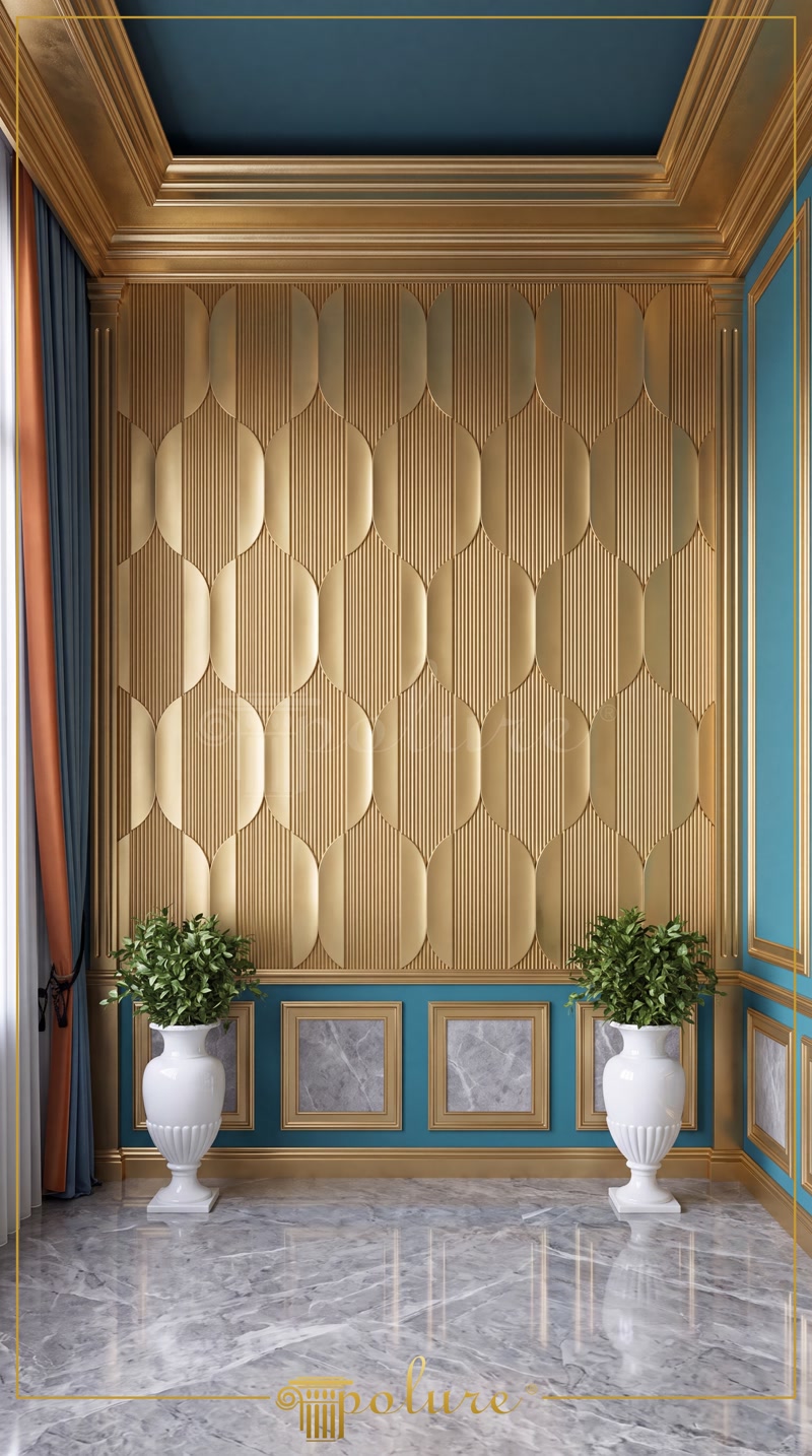 Front View Photo of Metallic Gold Geometric 3D Wall Paneling