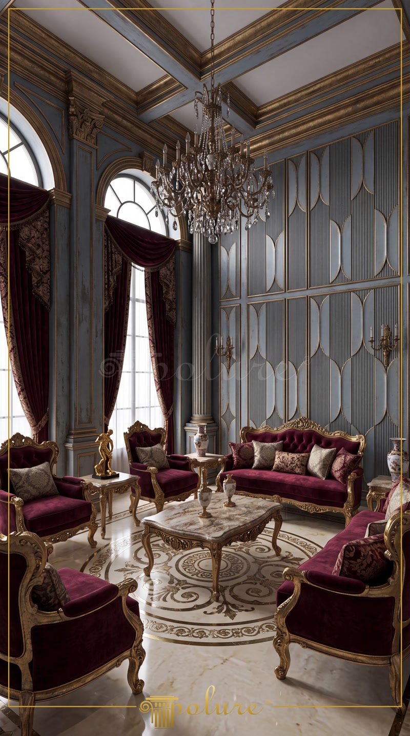 Oblique Photo of Double Height Blue Salon with Burgundy Furniture