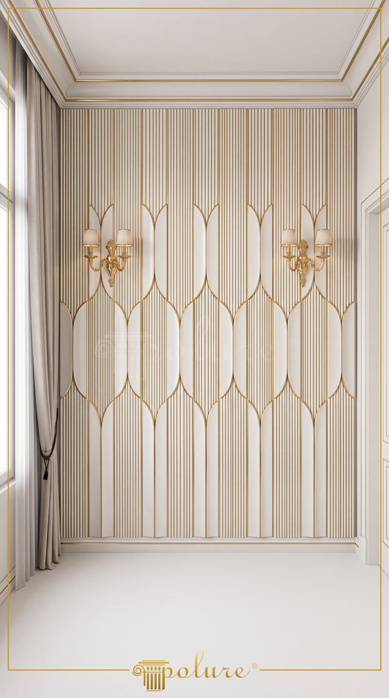 Front View Photo of White and Gold Geometric 3D Wall Paneling