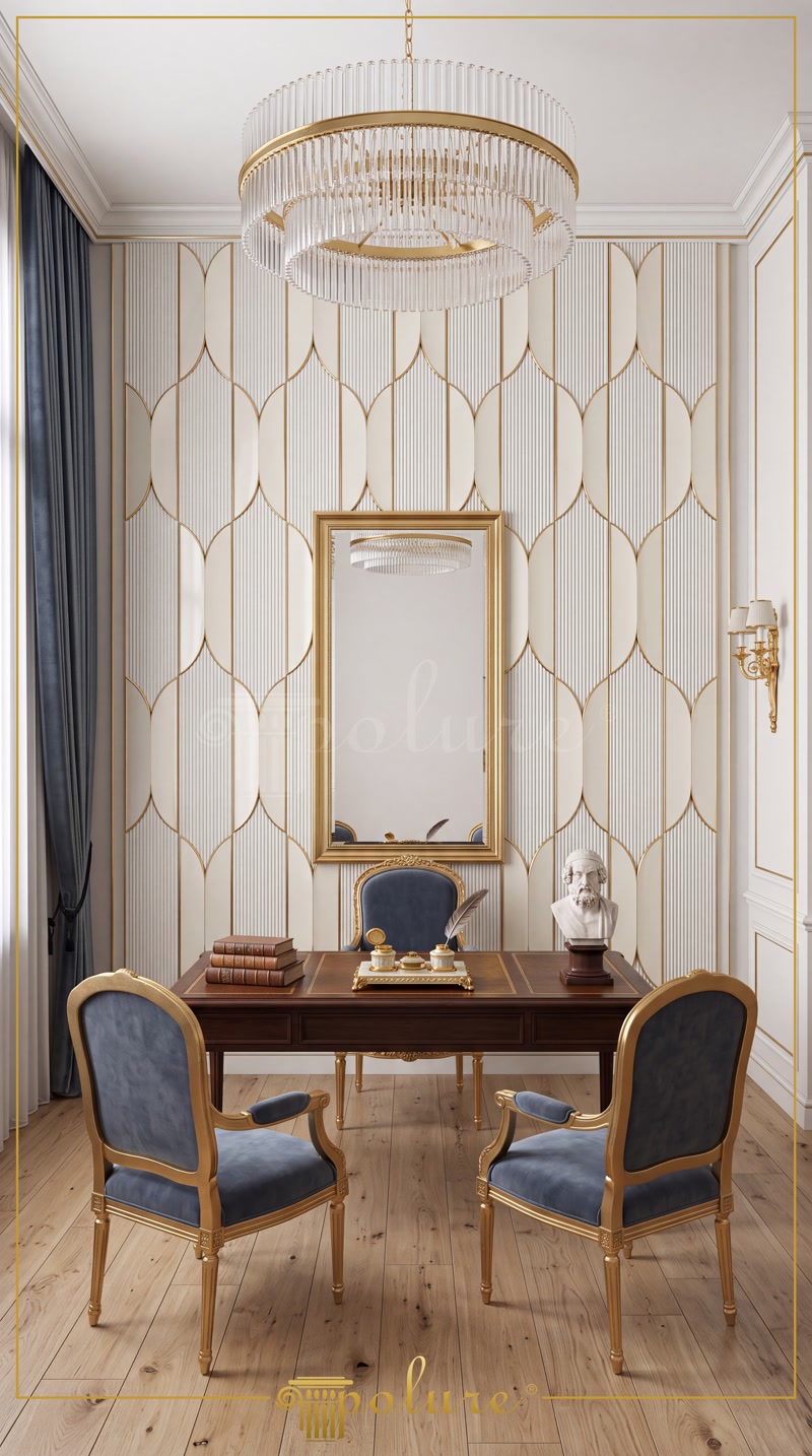 Front View Photo of White Study Office with 3D Wall Paneling