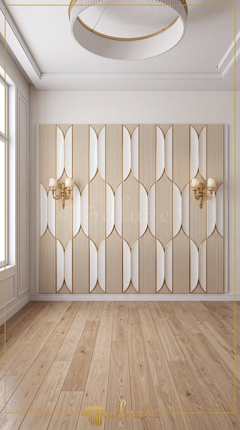 Front View Photo of White and Gold 3D Wall Paneling in Empty Room