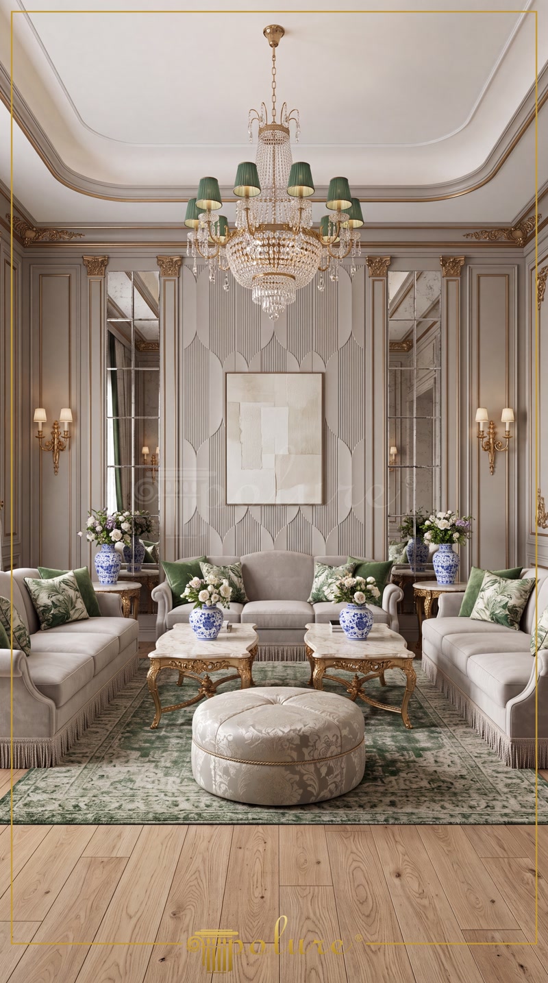 Front View Photo of Greige Living Room with 3D Wall