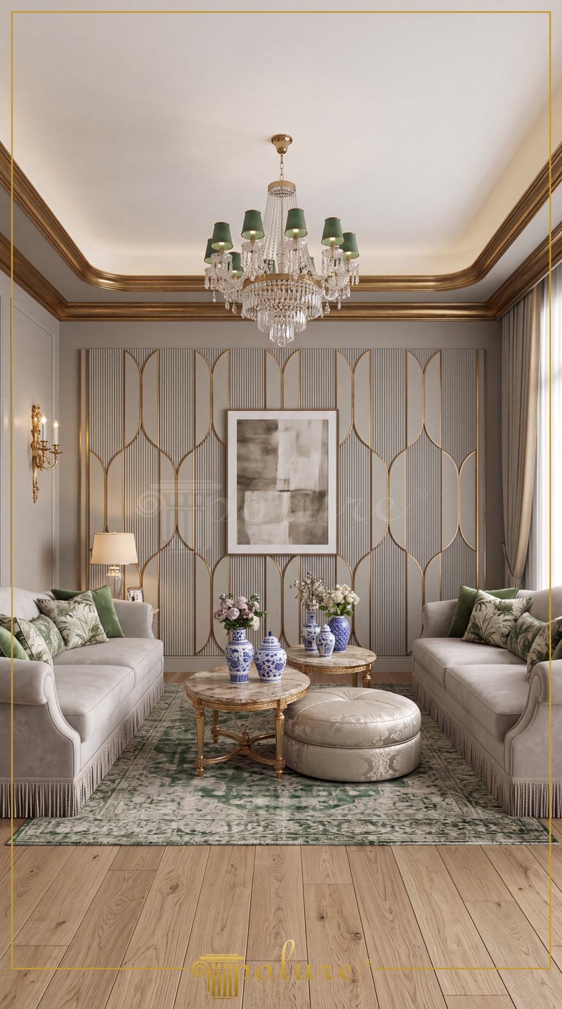 Front View Photo of Greige Salon with 3D Wall and Green Chandelier