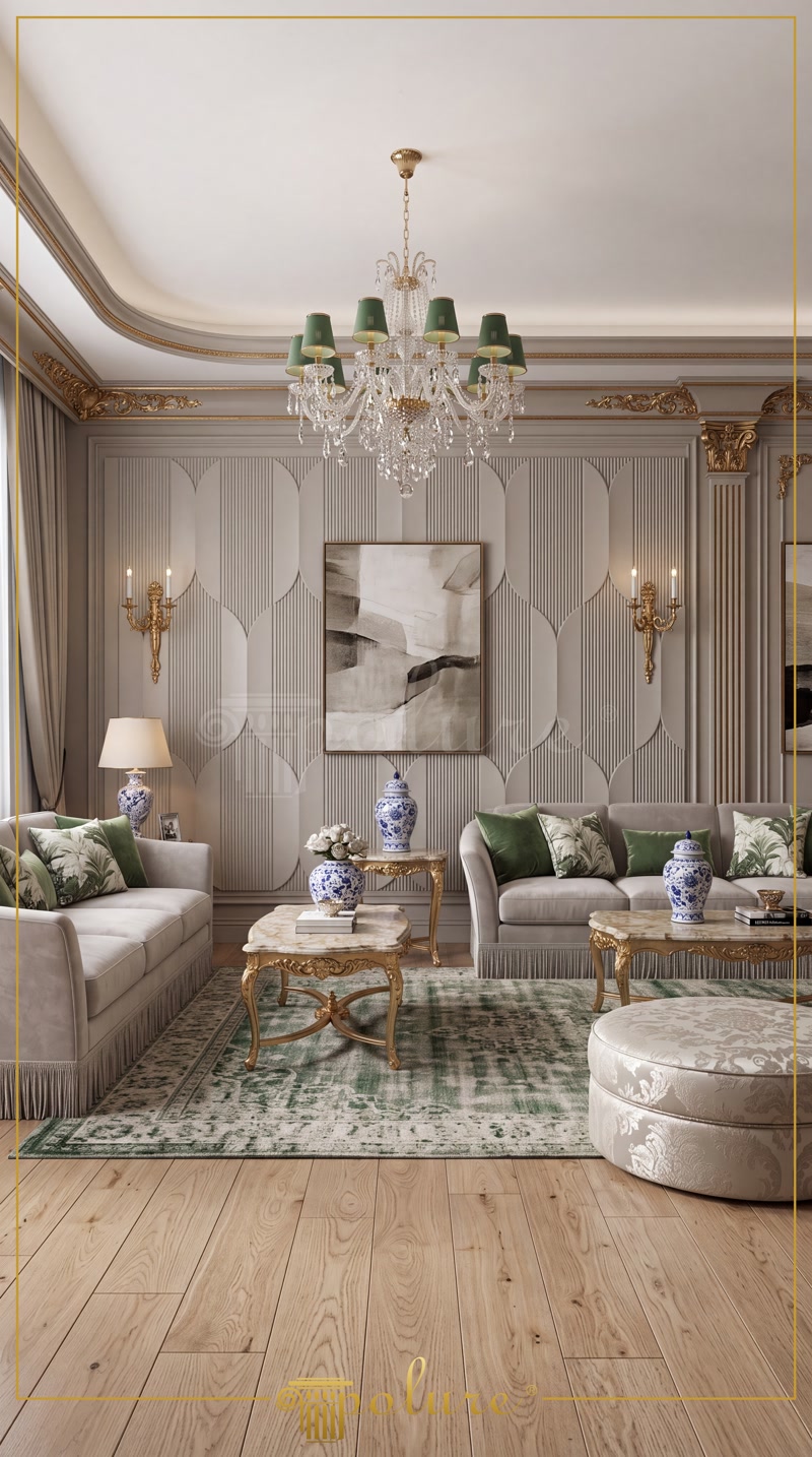 Front View Photo of Greige Salon with Porcelain Jars and 3D Wall