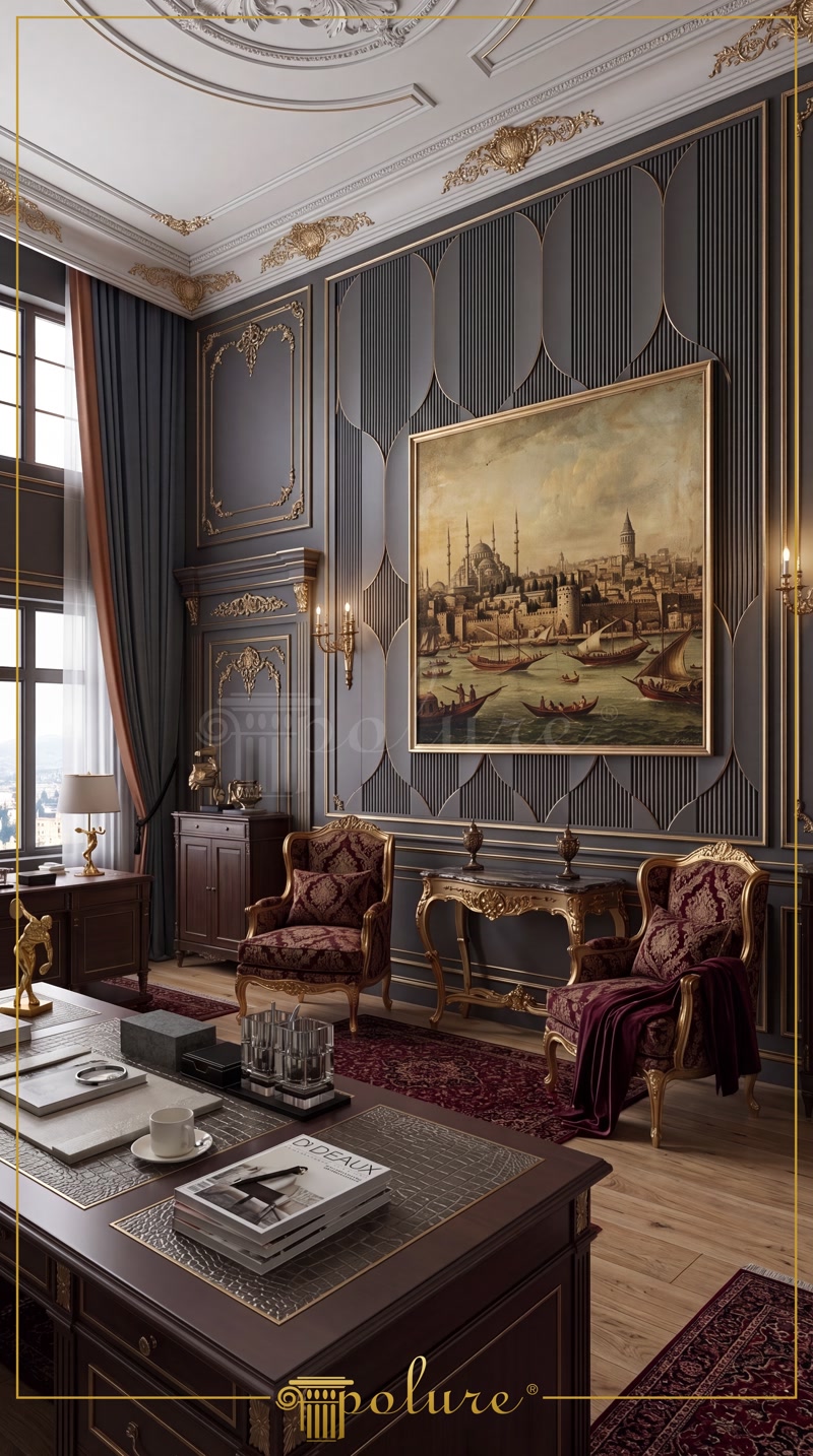 Oblique Photo of Dark Grey Library Lounge with Istanbul Painting