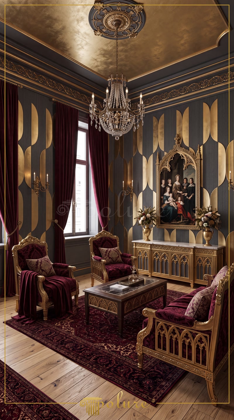 Oblique Photo of Dark Grey Gothic Salon with Gold Ceiling