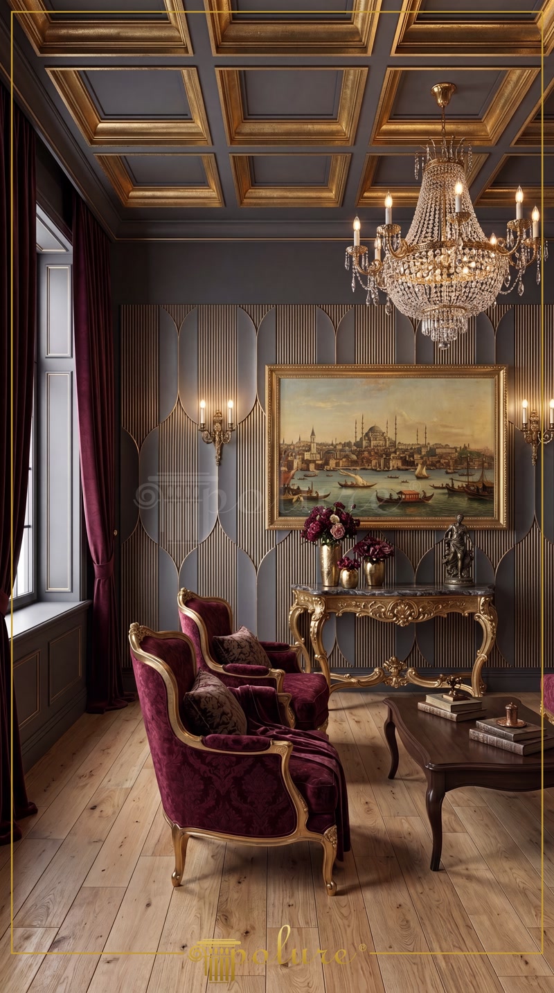 Oblique Photo of Dark Grey Salon with Gold Coffered Ceiling