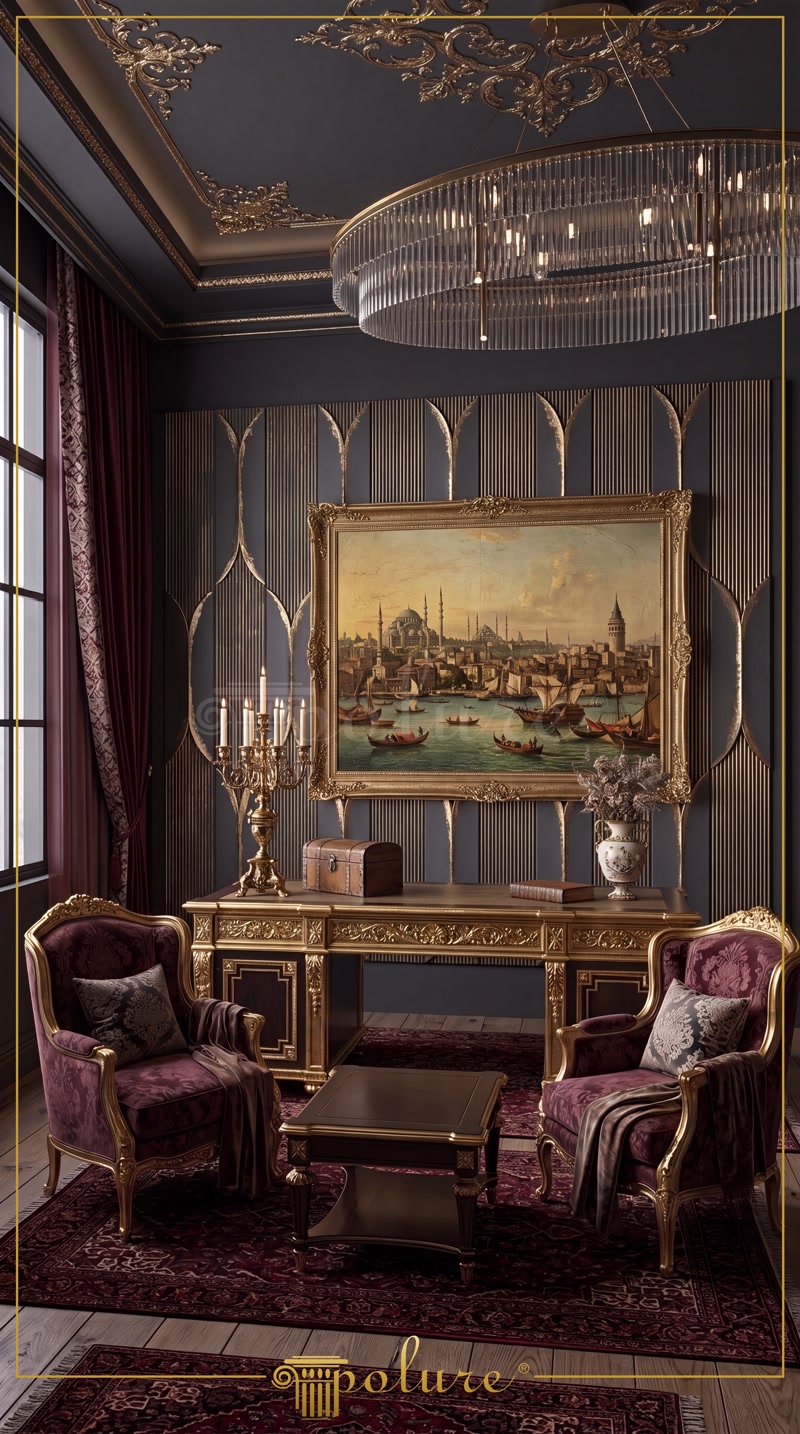 Front View Photo of Dark Grey Executive Office with Gold Desk