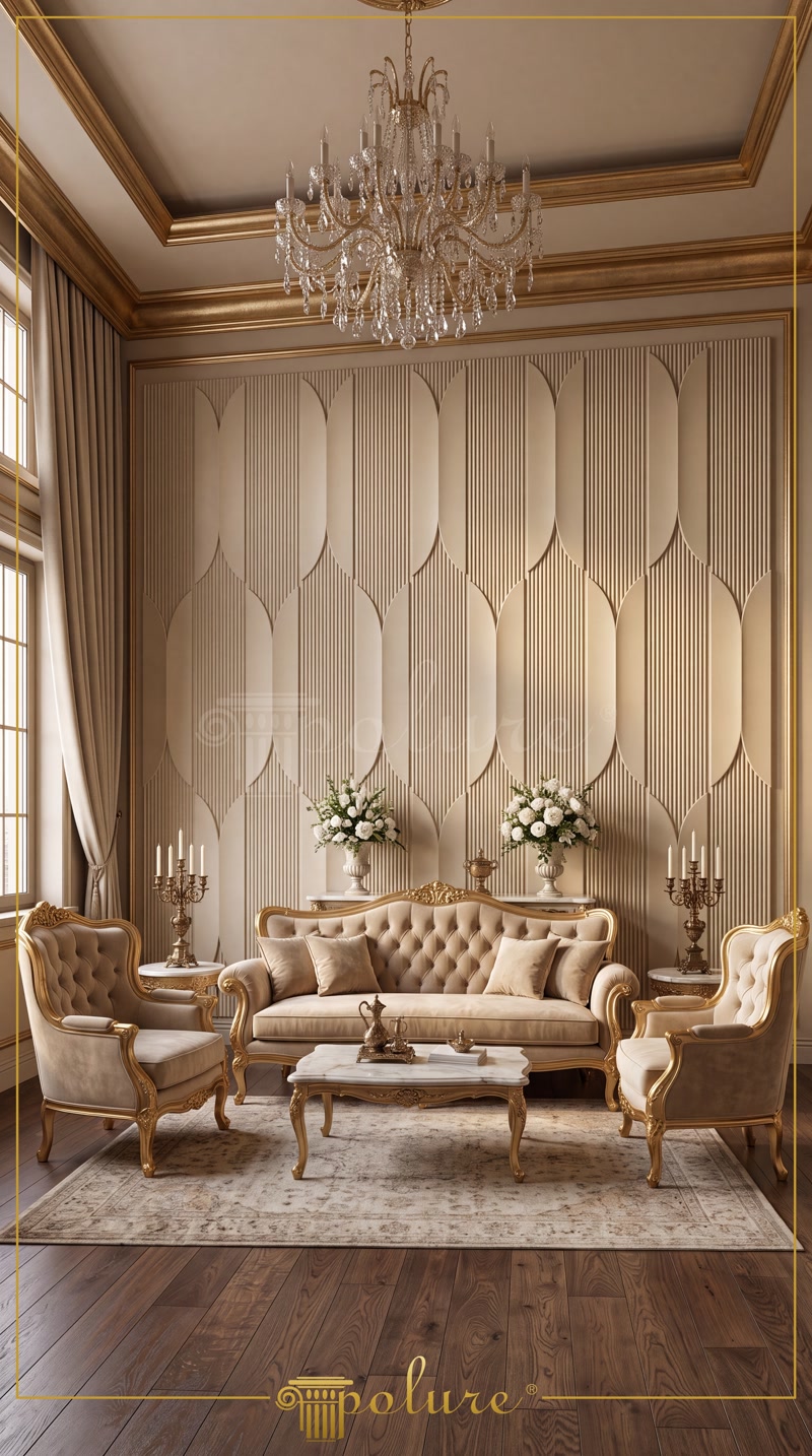 Front View Photo of Beige Neoclassic Salon with 3D Wall