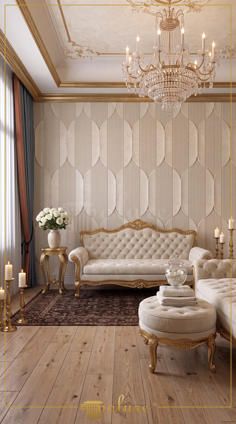 Oblique Photo of Cream Salon with 3D Wall and Ottoman