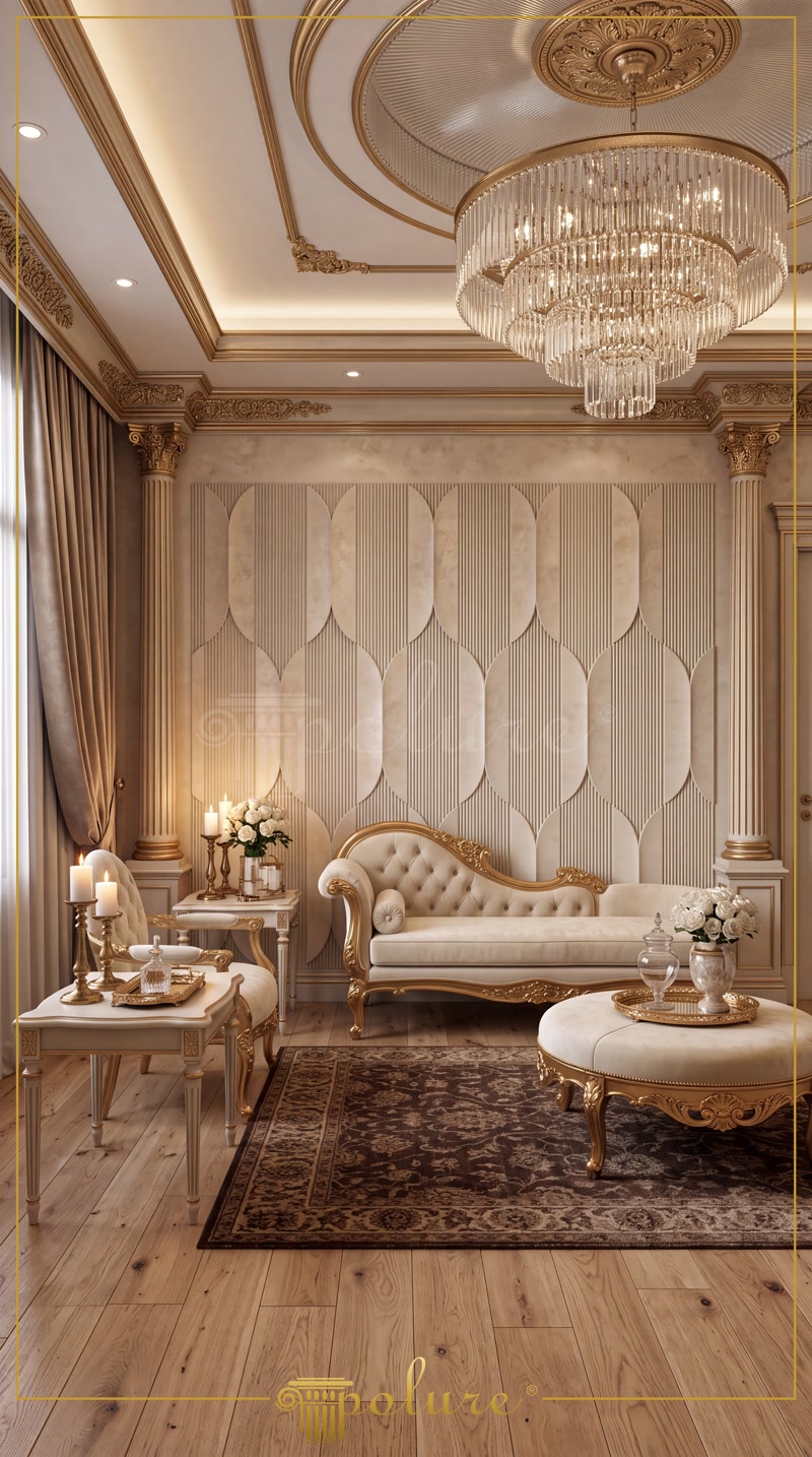 Front View Photo of Beige Lounge with Glass Rod Chandelier