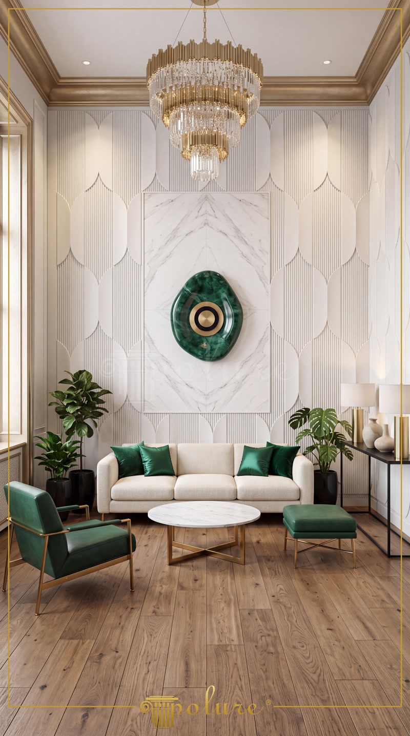 Front View Photo of Modern White Salon with Green Agate Wall Art