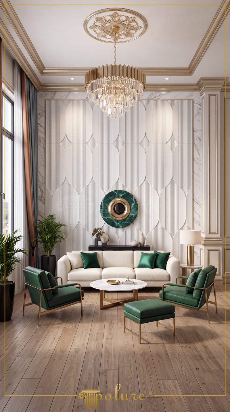 Front View Photo of Modern Salon with Emerald Green Armchairs