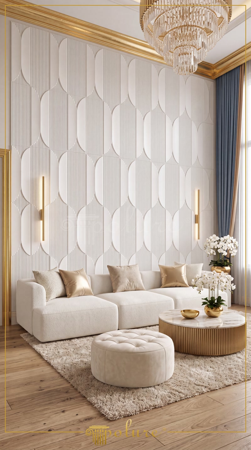 Oblique Photo of Modern Cream Sectional Salon with 3D Wall