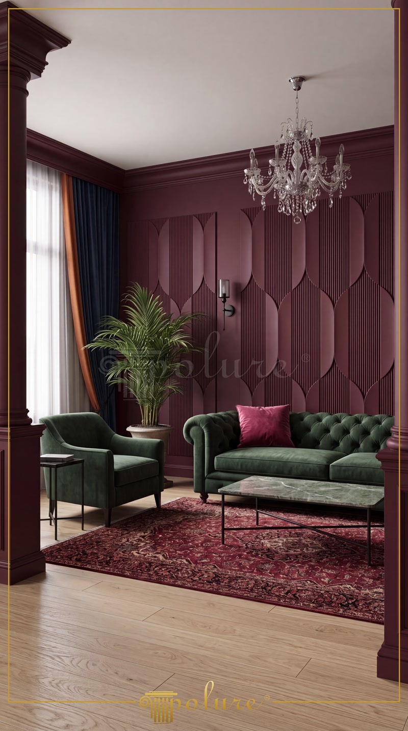 Oblique Photo of Burgundy Red Salon with Emerald Chesterfield Sofa