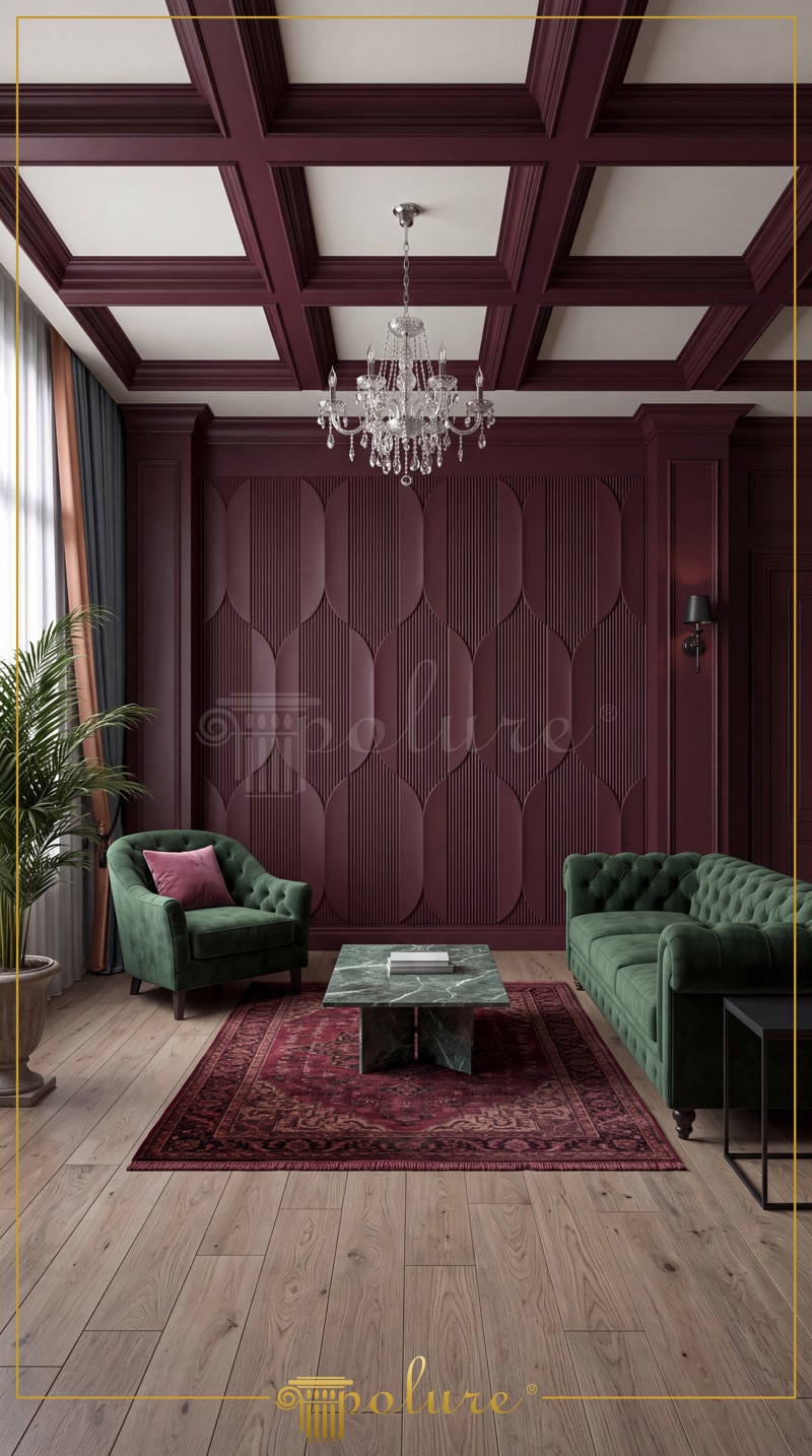 Front View Photo of Burgundy Red Salon with Coffered Ceiling