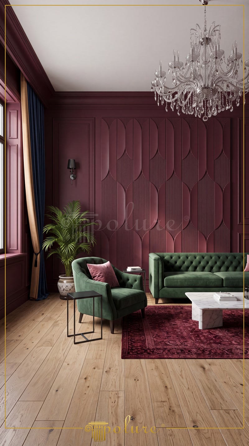 Front View Photo of Burgundy Red Salon with Green Armchair