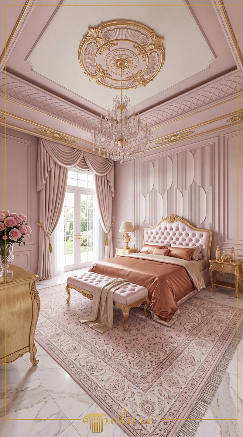 Oblique Photo of Dusty Pink Neoclassic Bedroom with Gold Bed
