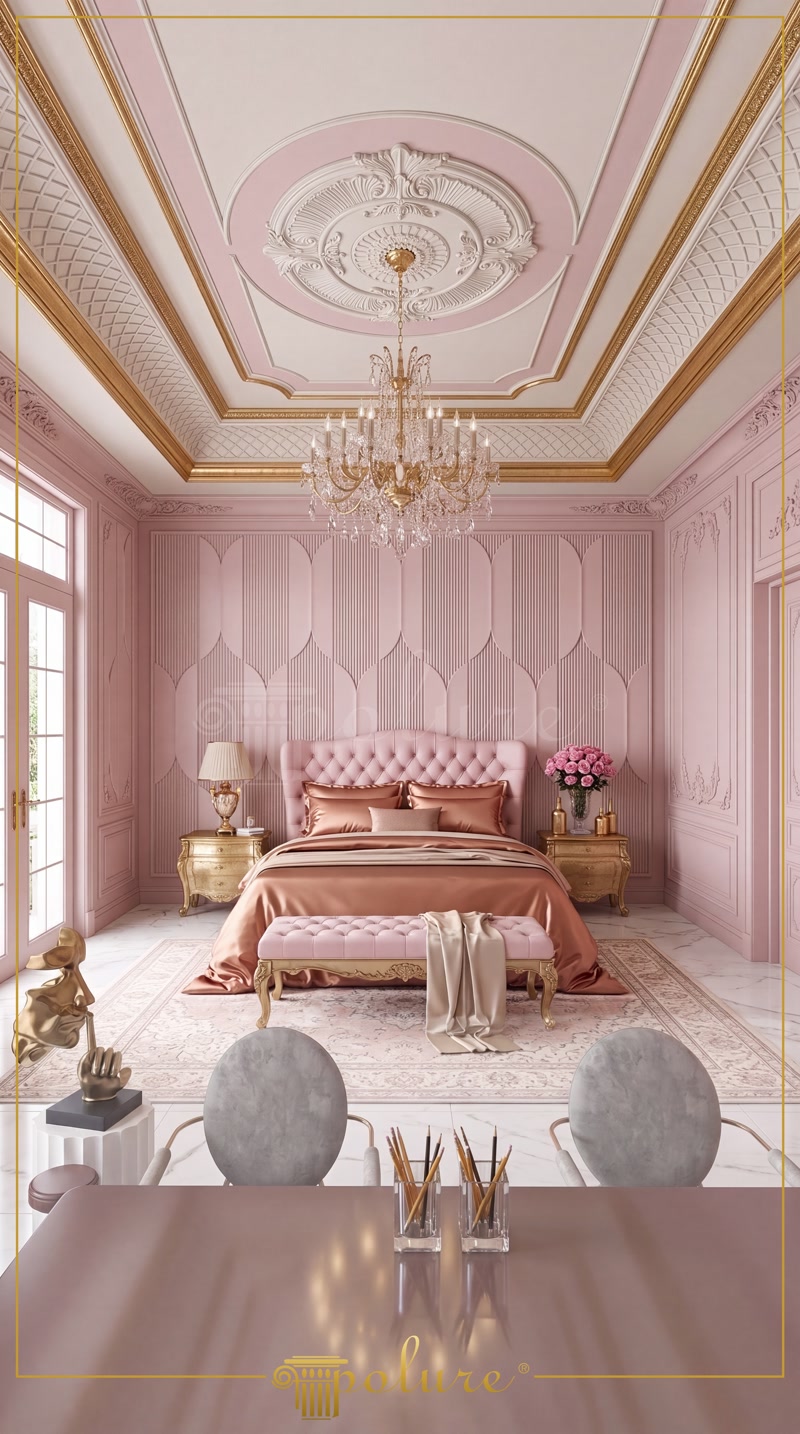 Front View Photo of Pink Neoclassic Master Bedroom Suite