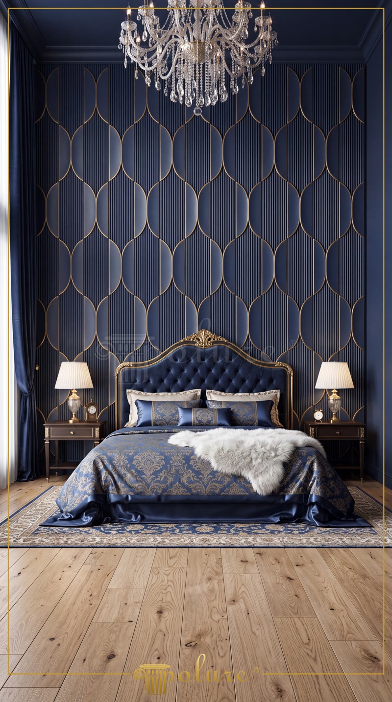 Front View Photo of Royal Navy Blue Bedroom with 3D Wall
