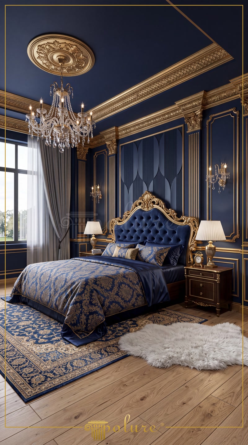 Oblique Photo of Royal Navy Blue Bedroom with Gold Rosette