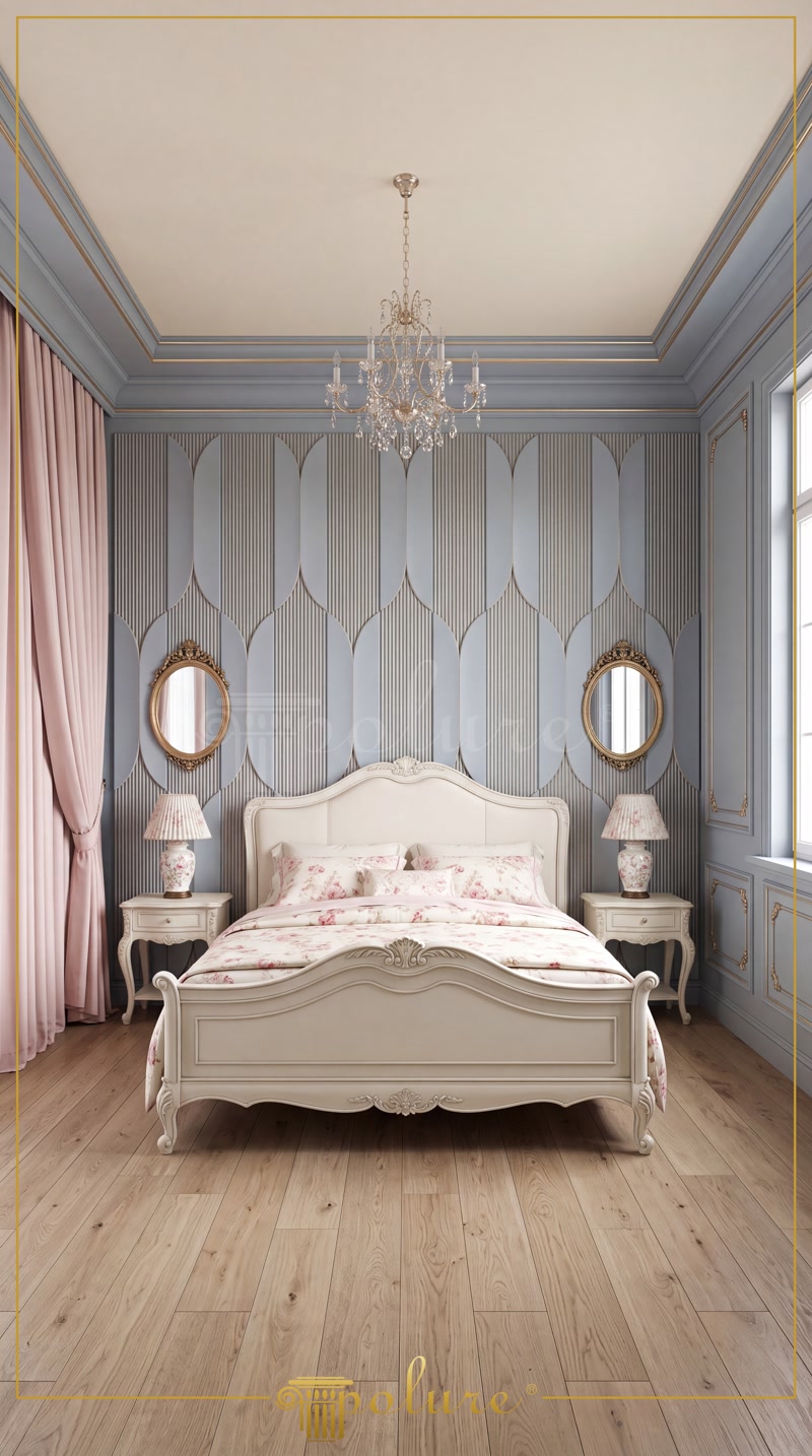Front View Photo of Powder Blue Bedroom with Oval Mirrors