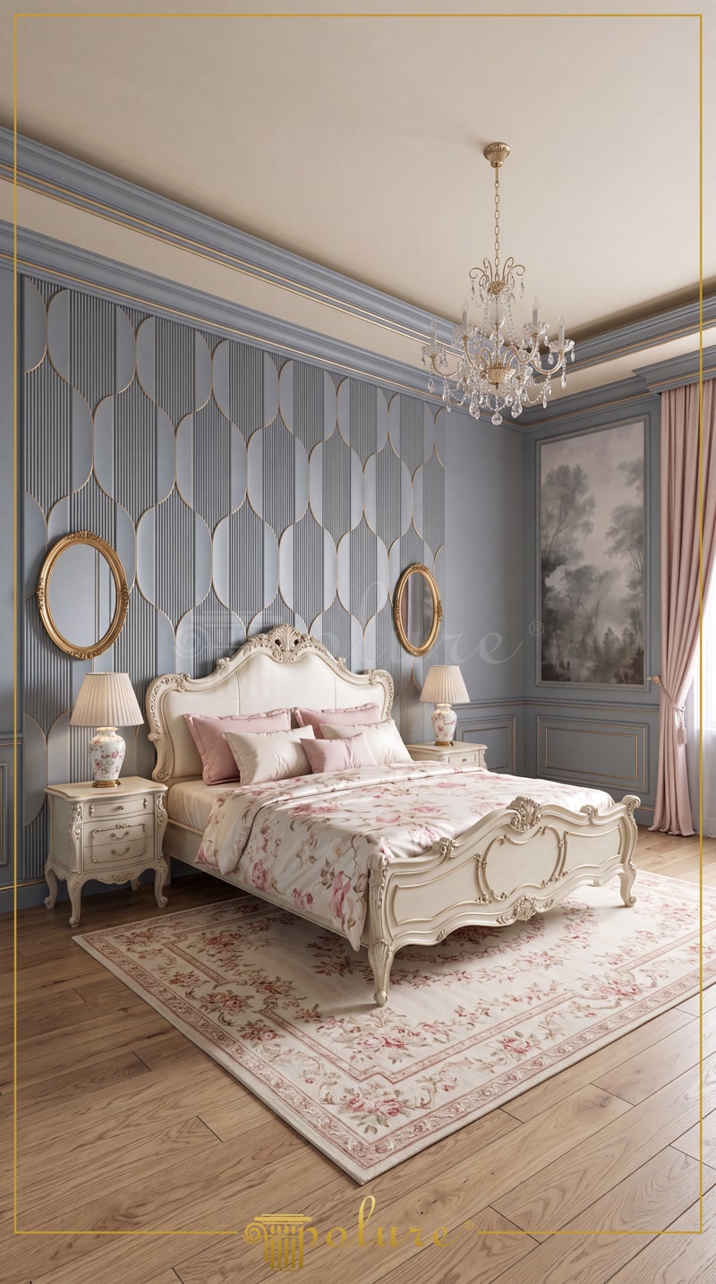 Oblique Photo of Powder Blue Bedroom with French Bed