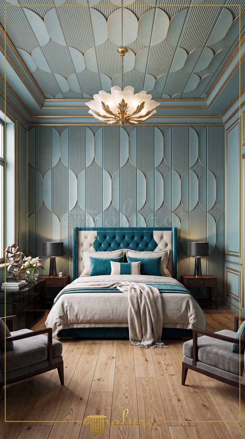 Front View Photo of Teal Blue Bedroom with Lotus Chandelier