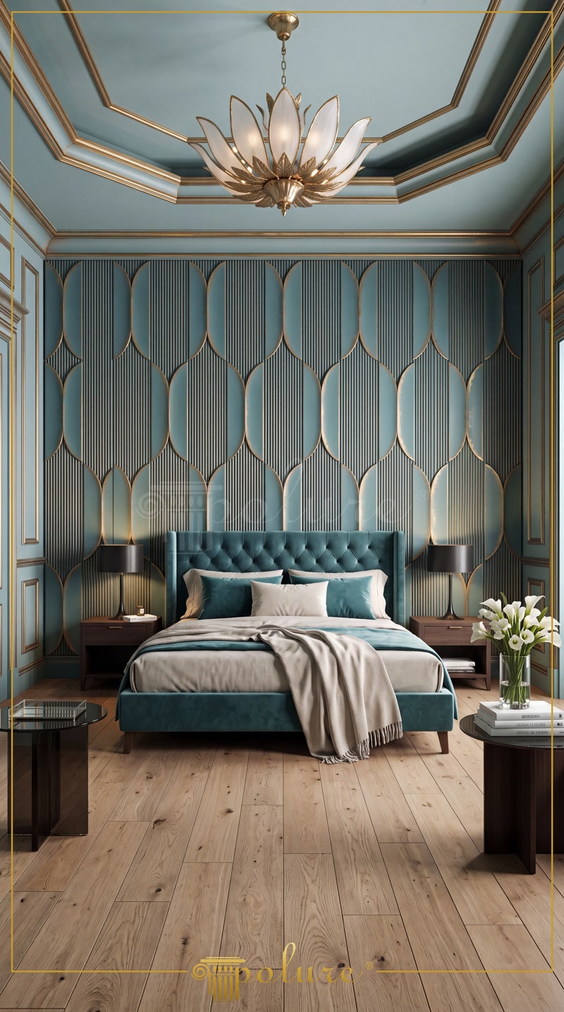 Front View Photo of Teal Blue Bedroom with Octagonal Ceiling