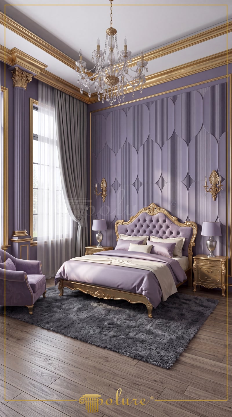 Oblique Photo of Lavender Purple Bedroom with Gold Bed