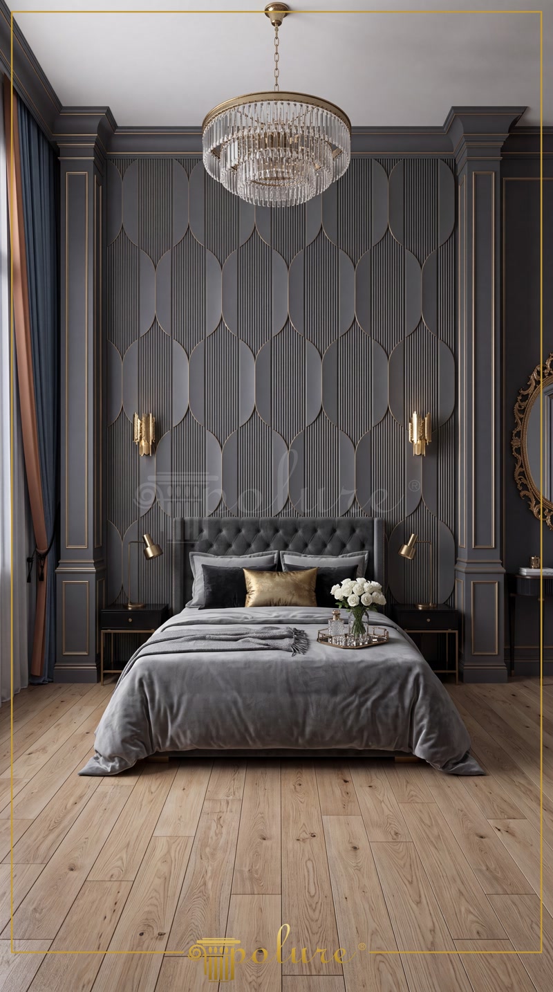 Front View Photo of Slate Grey Bedroom with 3D Headboard Wall
