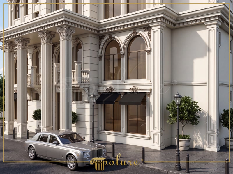 Oblique Photo of White Neoclassic Hotel Facade with Rolls Royce
